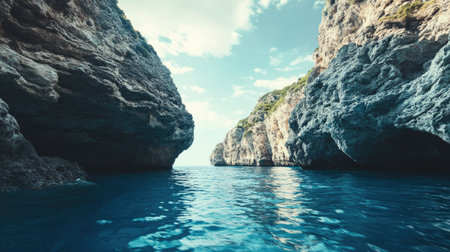 Stunning sea cliffs rising dramatically above deep blue ocean, copy spaceの素材
