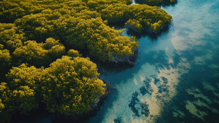 Scenic coastline with mangrove trees lining the edge of an island near Florida, copy spaceの素材