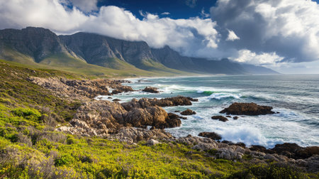 Stormy waves crashing on the rugged Cape Agulhas coast, ample copy spaceの素材