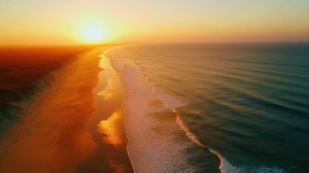 Sunset glow over the vast sands of Ninety Mile Beach, serene and empty, copy spaceの素材