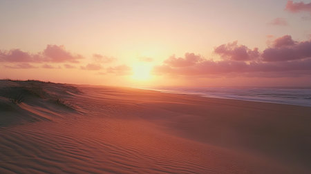 Sunset glow over the vast sands of Ninety Mile Beach, serene and empty, copy spaceの素材