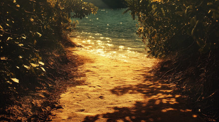Sunlit path of golden sand leading to the edge of a quiet island's shore, copy space availableの素材