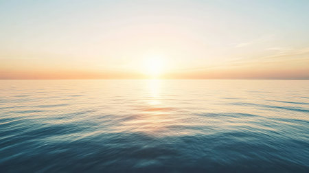 The world's most beautiful sea at sunrise, golden hues reflected on the water, with copy space above.の素材