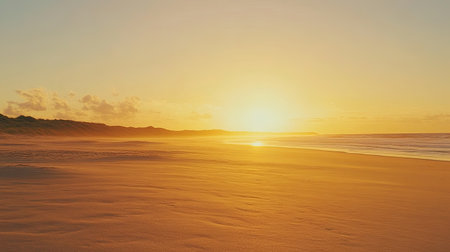 Sunset glow over the vast sands of Ninety Mile Beach, serene and empty, copy spaceの素材