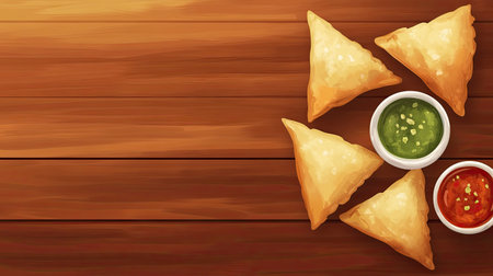 Top view of cartoon samosas with chutneys, placed neatly, leaving copy spaceの素材