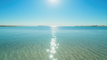 Tranquil azure waters reflecting sunlight under a cloudless sky, with ample copy spaceの素材