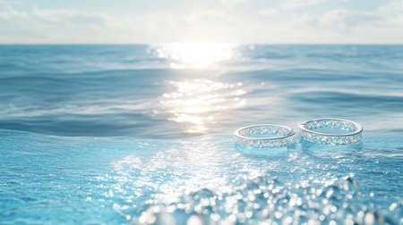 The shimmering surface of the bluest sea with gentle waves, leaving ample copy space in the skyの素材