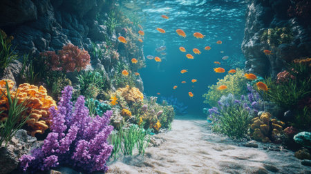 Underwater view of a vibrant tropical reef with colorful fish, clear waters, copy spaceの素材