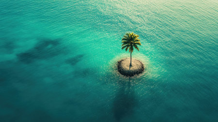 Tiny uninhabited island with a single palm tree, surrounded by turquoise ocean, ample copy spaceの素材
