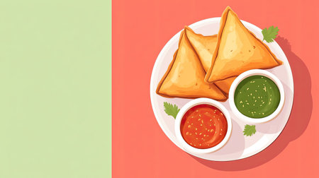Top view of cartoon samosas with chutneys, placed neatly, leaving copy spaceの素材