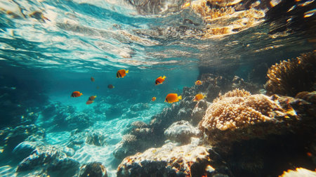 Underwater view of a vibrant tropical reef with colorful fish, clear waters, copy spaceの素材