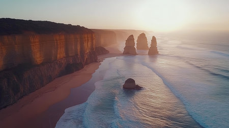 The Twelve Apostles along the Great Ocean Road with dramatic cliffs and empty shores, copy spaceの素材