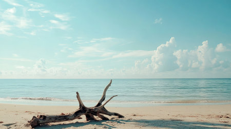 Tranquil beach with driftwood resting on the sand, overlooking calm Florida waters, copy space availableの素材