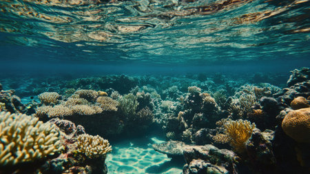 Vibrant coral reefs visible beneath crystal-clear tropical waters, no people, copy spaceの素材