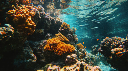 Vibrant coral reefs visible beneath crystal-clear tropical waters, no people, copy spaceの素材