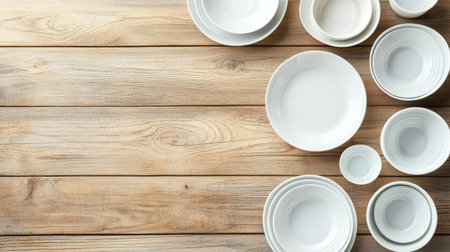 A clean layout of white plates and bowls on a wooden surface, leaving space for copyの素材
