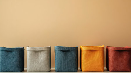 Five colorful storage baskets lined up against a soft beige wall, creating a vibrant and organized display suitable for any home or office space.の素材