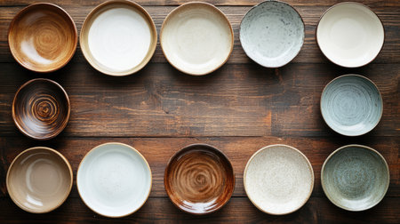 A casual and inviting set of plates and bowls, no people, with a spot for copy or brand messageの素材
