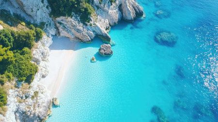 Vibrant turquoise waters of a stunning sea, with a blank canvas of sky for copy.の素材