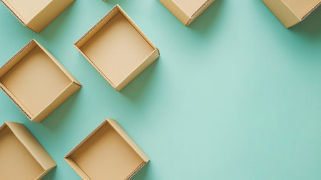A collection of empty cardboard boxes arranged on a vibrant blue background. This minimalistic image highlights texture and color, ideal for creative projects and presentations.の素材