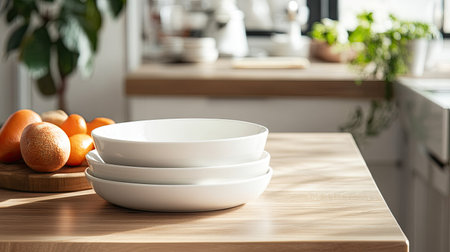 A clean and modern kitchen table with a set of ceramic plates and bowls, empty space for writingの素材