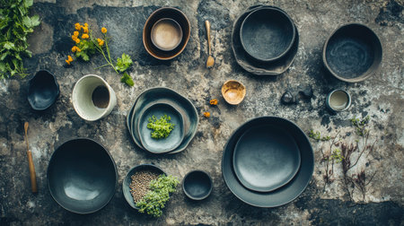 A captivating rustic table setting showcases diverse bowls and fresh herbs arranged on a textured surface, perfect for a minimalist kitchen design ambiance.の素材