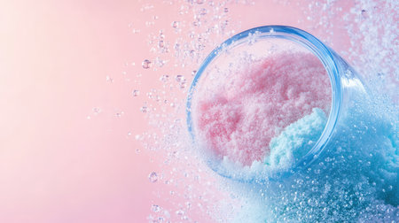 Vibrant bath salts float in water creating bubbles against a soft pastel backdrop, ideal for wellness and relaxation promotions, enhancing self-care moments.の素材