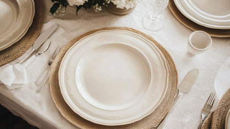 Discover the beauty of an elegant table setting featuring white plates, delicate cutlery, and a charming floral centerpiece, perfect for any occasion.の素材