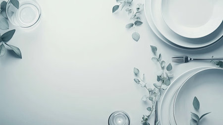 A minimalist table setting featuring white plates, delicate greenery, and a candle. Perfect for events, dining, or decoration ideas that emphasize elegance and simplicity.の素材
