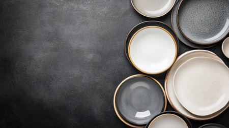 A visually appealing collection of various plates arranged artistically on a dark textured surface, perfect for showcasing culinary creations or enhancing dining decor.の素材