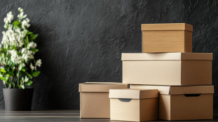 A collection of stacked cardboard boxes in various sizes against a textured wall, complemented by a potted plant, conveying a sense of organization and simplicity.の素材