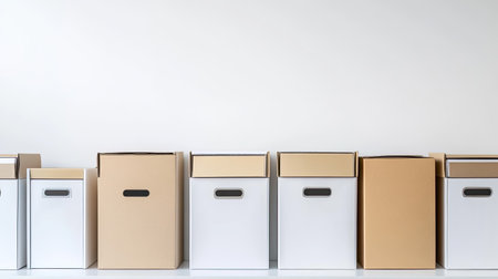 A clean, tidy row of open storage boxes in an office setting with copy spaceの素材
