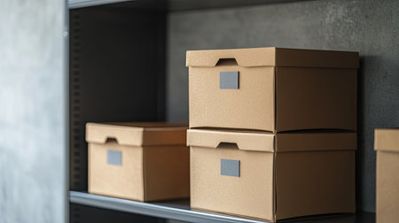 This image features an organized display of brown cardboard boxes neatly arranged on a shelf, perfect for illustrating storage systems and minimalist workspace design.の素材