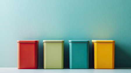 A vibrant arrangement of colorful storage containers on a clean surface against a textured wall, perfect for enhancing modern decor and organization in any space.の素材