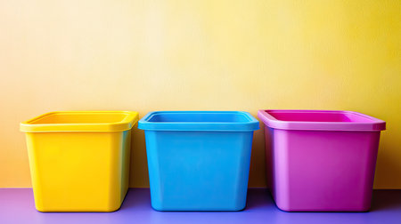 This image features three vibrant storage bins in yellow, blue, and pink against a colorful wall. Ideal for home organization and decor inspiration.の素材