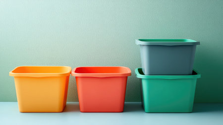 Four colorful plastic storage bins in orange, red, gray, and green stacked neatly against a soft green wall, ideal for organizing various household items efficiently.の素材