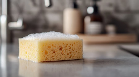 A close-up view of a soft yellow dish sponge covered in bubbles on a kitchen counter. The image captures the essence of cleaning and hygiene in a modern home.の素材