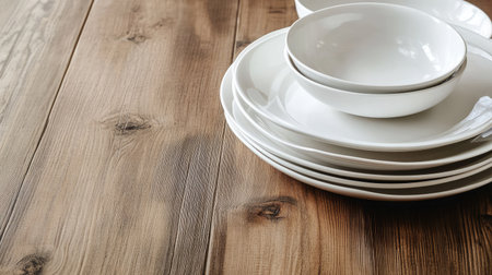A clean layout of white plates and bowls on a wooden surface, leaving space for copyの素材