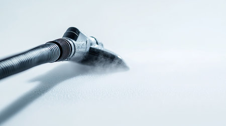 A detailed close-up image of a vacuum cleaner nozzle actively cleaning a white surface, showcasing steam and efficient cleaning technology in action.の素材