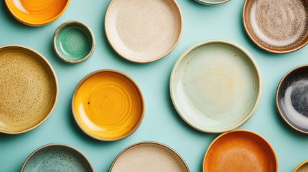 A vibrant assortment of colorful ceramic plates and bowls arranged creatively on a turquoise background, showcasing unique designs and textures perfect for any dining occasion.の素材