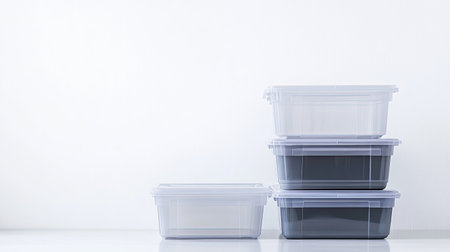 A harmonious arrangement of clear plastic storage containers stacked on a white surface, showcasing simplicity and organization, ideal for any minimalistic space.の素材