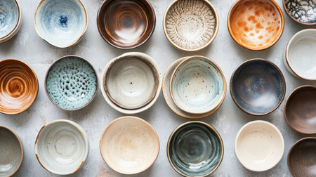 Discover a beautiful assortment of handmade ceramic bowls with various stunning glazes and textures, perfect for home decor or dining settings.の素材