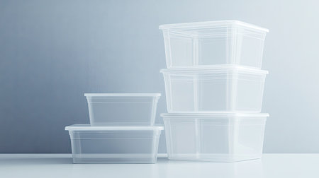 A collection of transparent plastic storage containers stacked neatly, showcasing a minimalist design. Ideal for organizing various items in home or kitchen settings.の素材