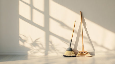 A serene scene featuring a broom and rake leaning against a wall, illuminated by warm sunlight. The long shadows create a calming atmosphere ideal for home cleaning themes.の素材
