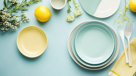 A cheerful table setting featuring colorful plates, fresh lemons, and delicate flowers. Perfect for casual dining, brunch gatherings, and creative presentations.の素材