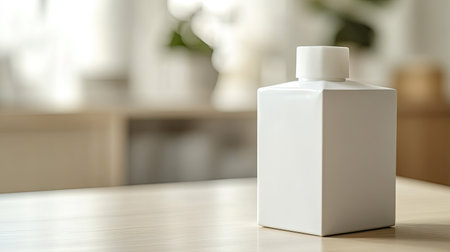 A stylish white container sits gracefully on a light wooden table, capturing a sense of elegance and simplicity amid a softly lit environment, perfect for modern decor.の素材