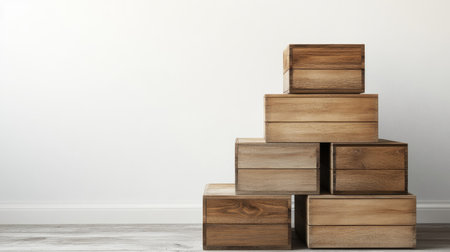 This image showcases a stack of wooden storage boxes in a minimalist setting, highlighting natural textures and simple lines, perfect for modern interior design concepts.の素材