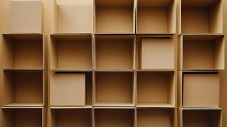 A collection of empty cardboard boxes showcases a clean and organized storage solution. Ideal for concepts related to packing, logistics, and minimal design aesthetics.の素材