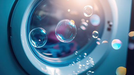 A captivating close-up of bubbles floating near a washing machine window. The vibrant colors of the laundry and sparkling water create a refreshing ambiance, perfect for any washing-related theme.の素材