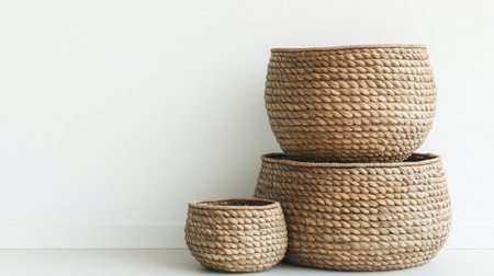 Three natural woven baskets of varying sizes showcased against a light background. Perfect for home decor, storage solutions, and minimalist styling.の素材